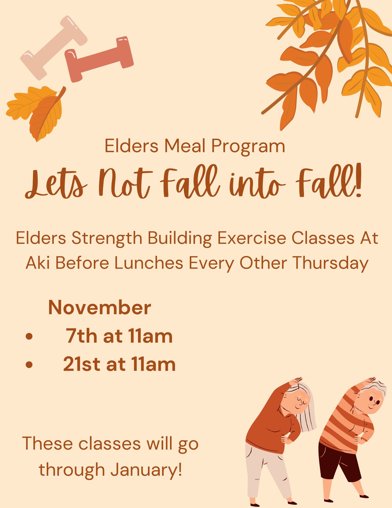 Elders Exercise Class Schedule