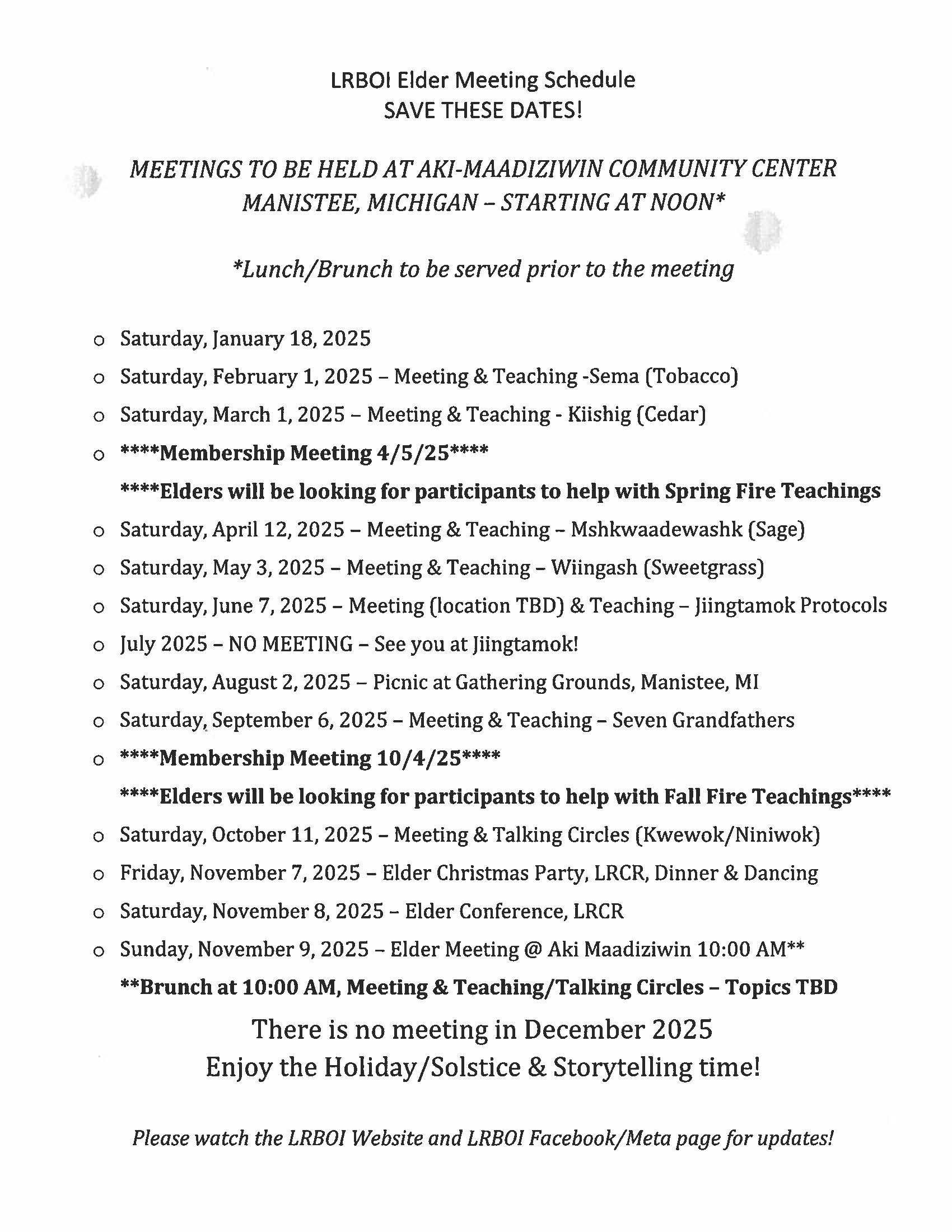 2025 Elders meeting schedule