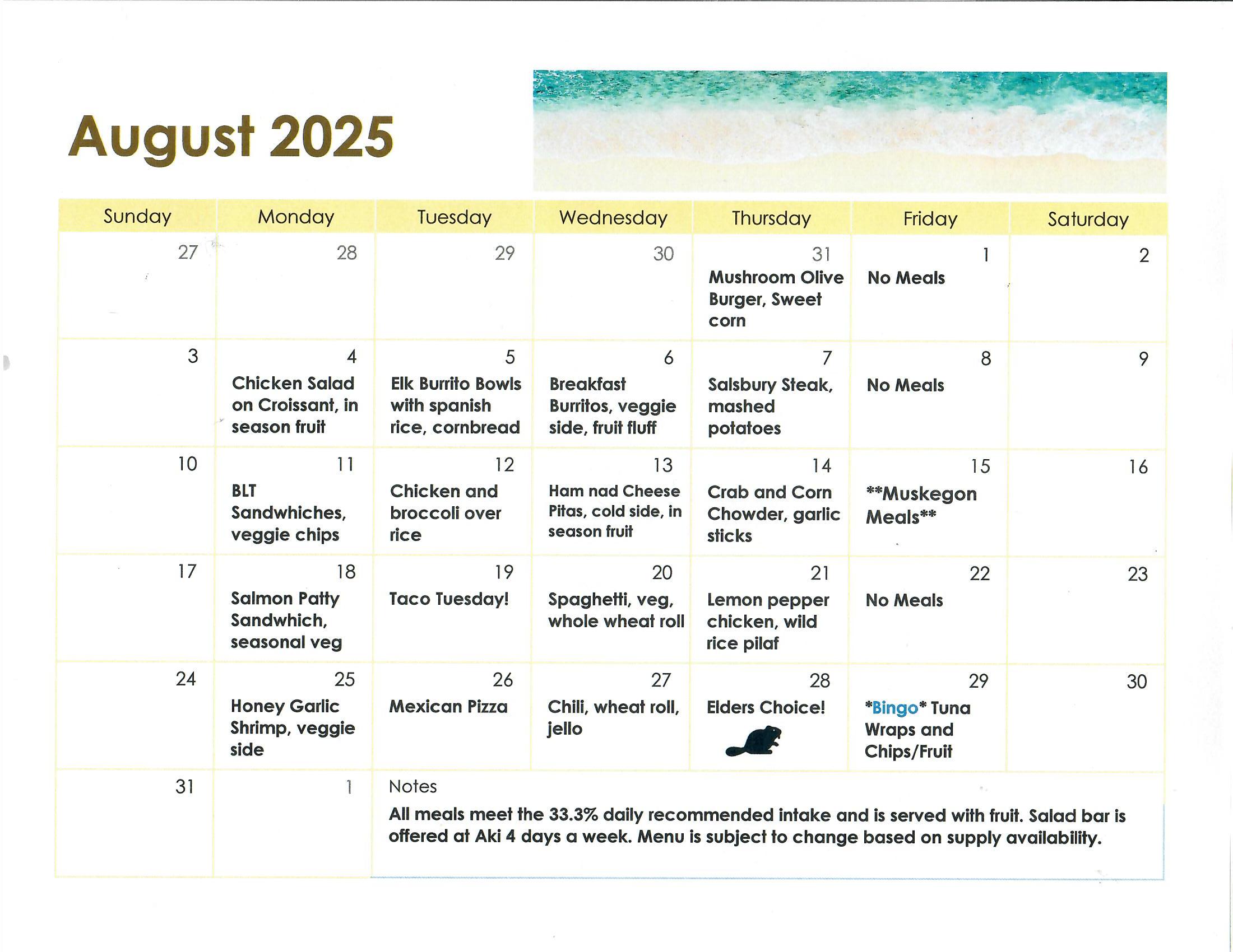 Elders Meal Calendar for August 2025