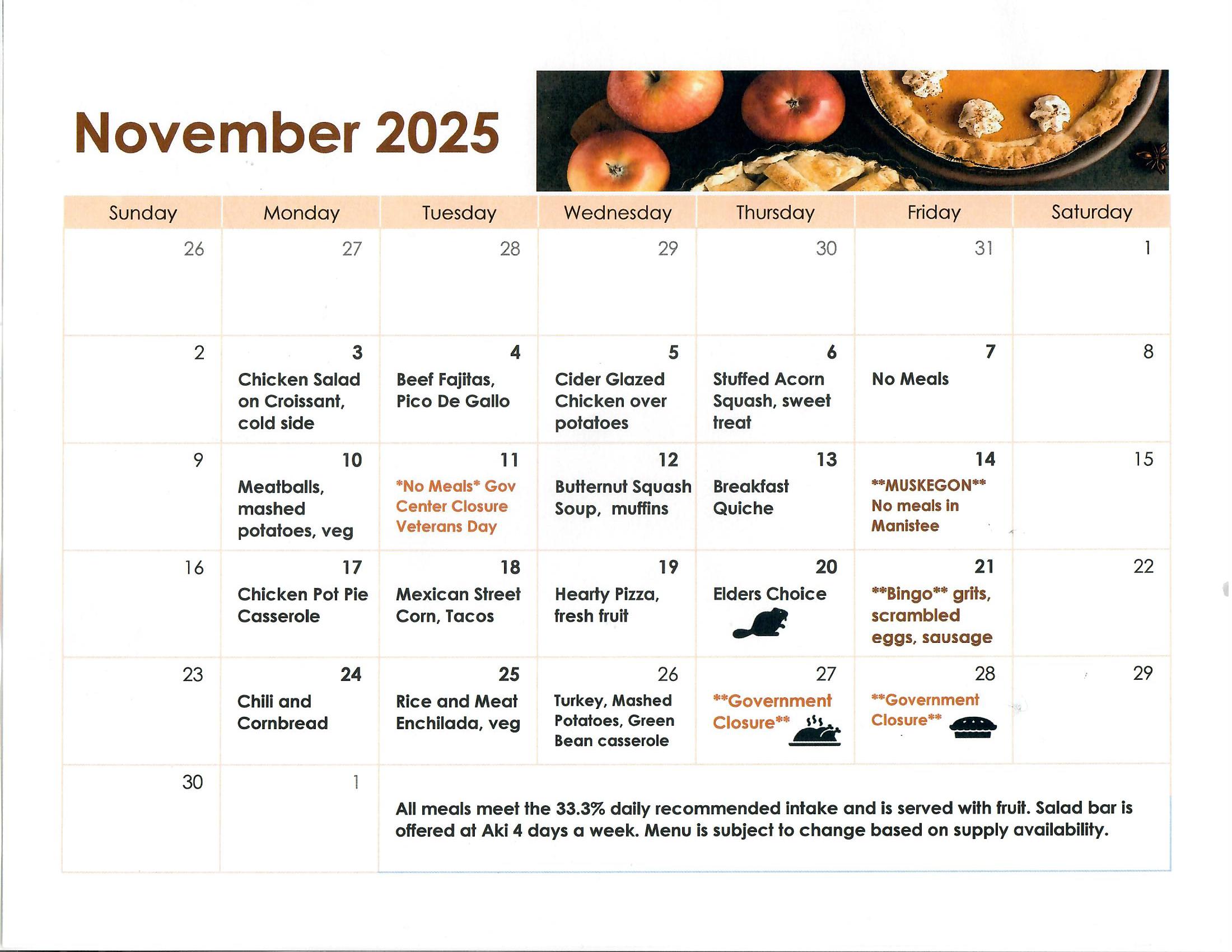 Menu for 5 days a week with details on food served