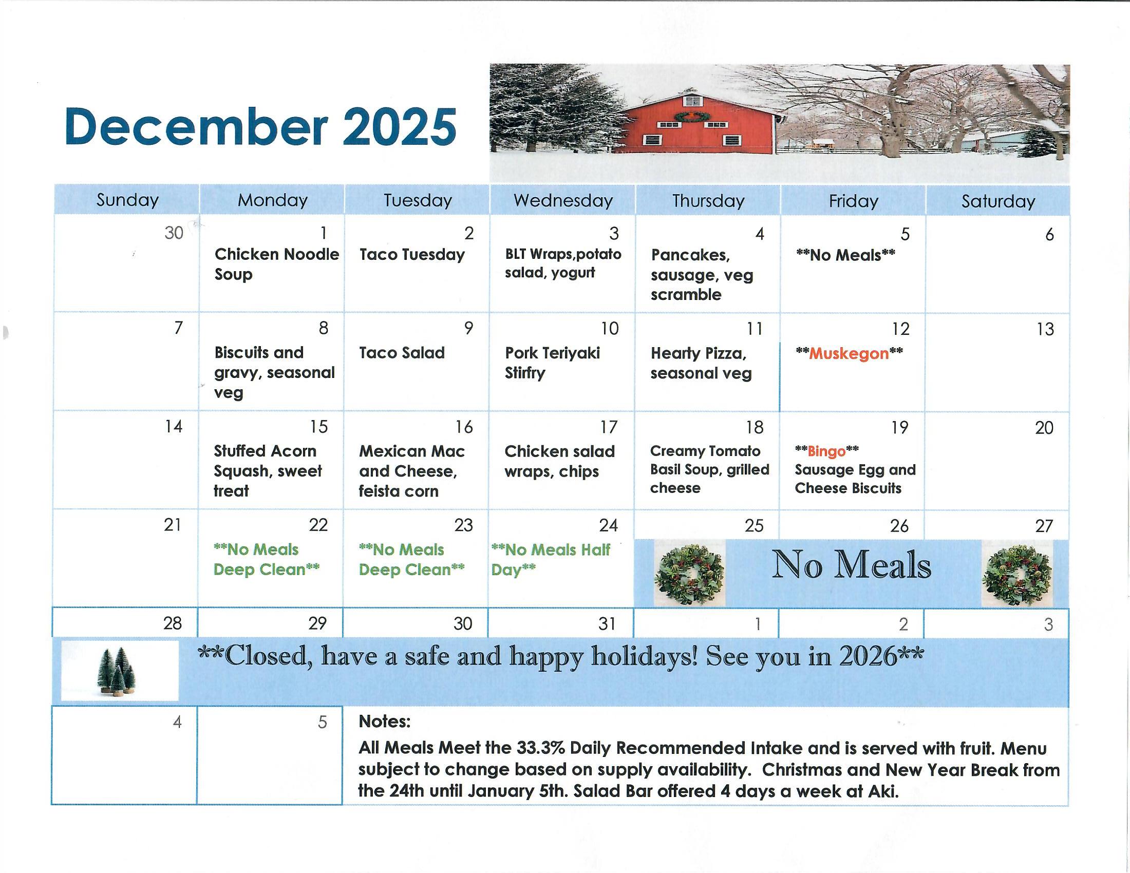 Menu for 5 days a week with details on food served