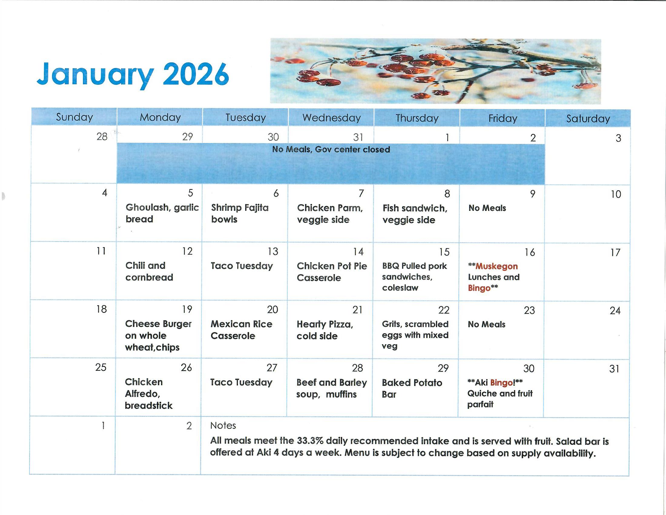 Menu for 5 days a week with details on food served