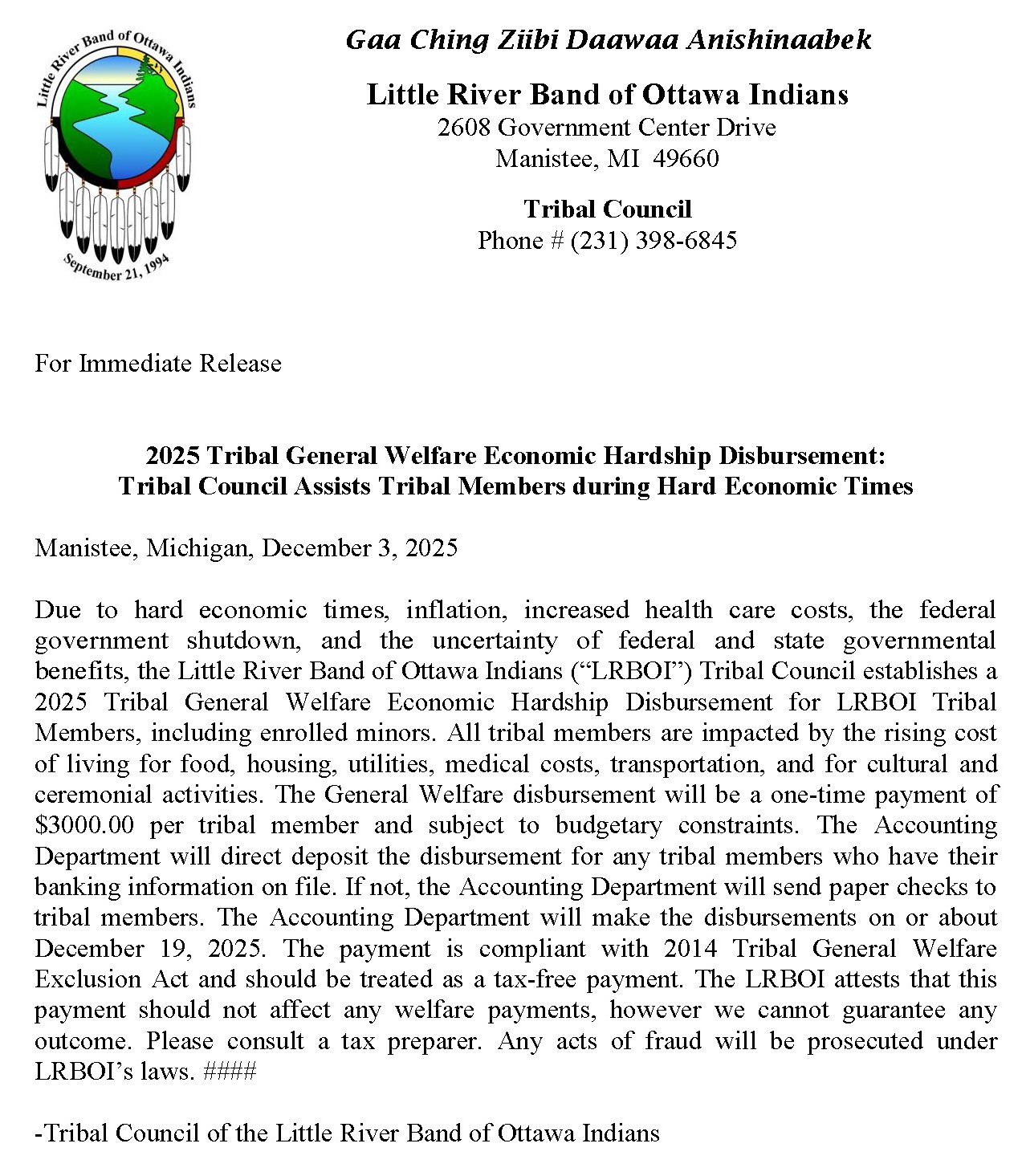 12.2025 Press Release from Tribal Council