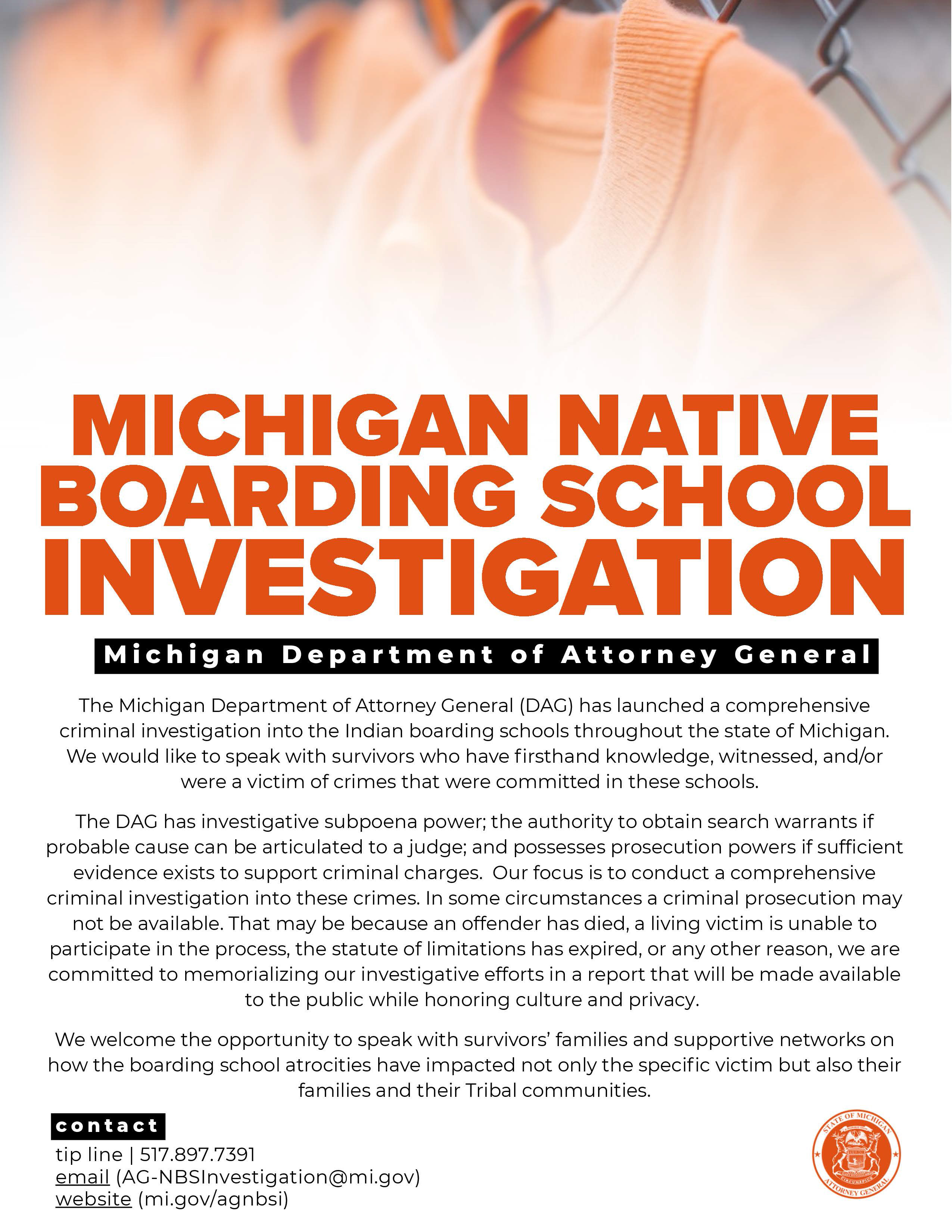 Michigan Native Boarding School Investigation Flyer