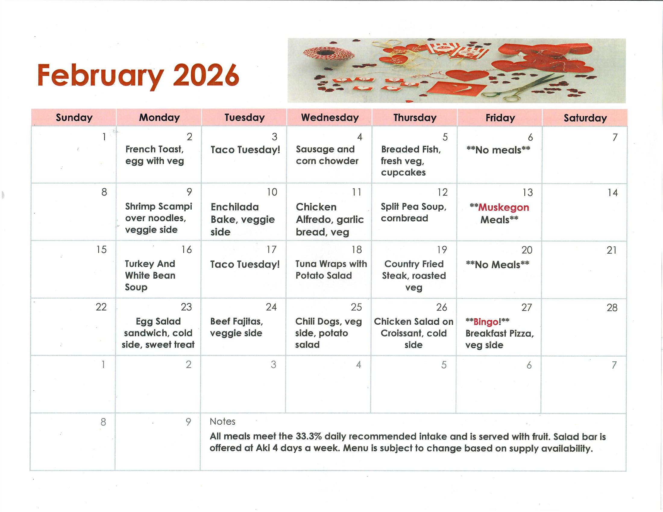 Menu for 5 days a week with details on food served