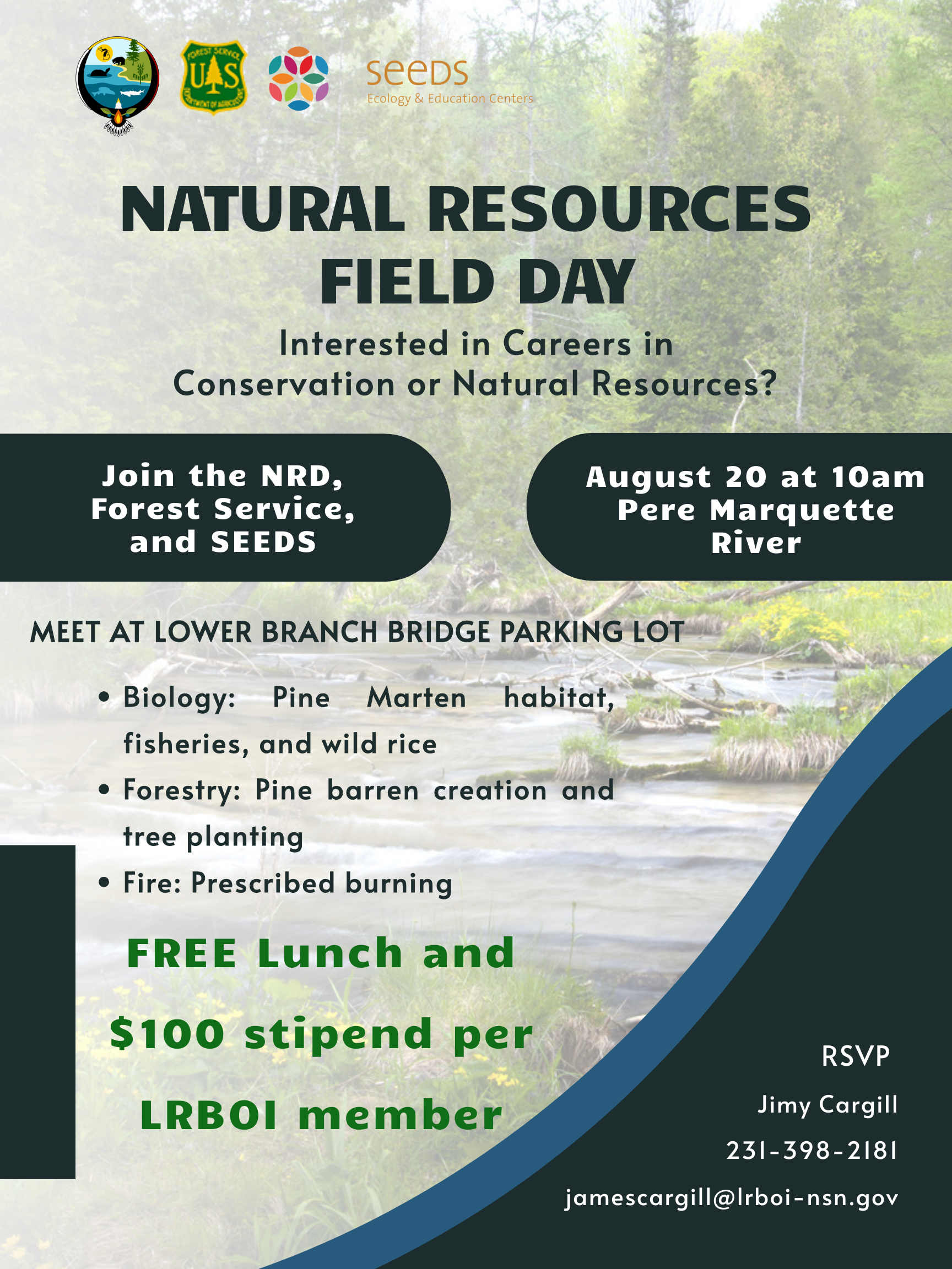 Flyer for the Natural Resources Field Day august 20th at Lower Branch Bridge landing on the Pere Marquette River