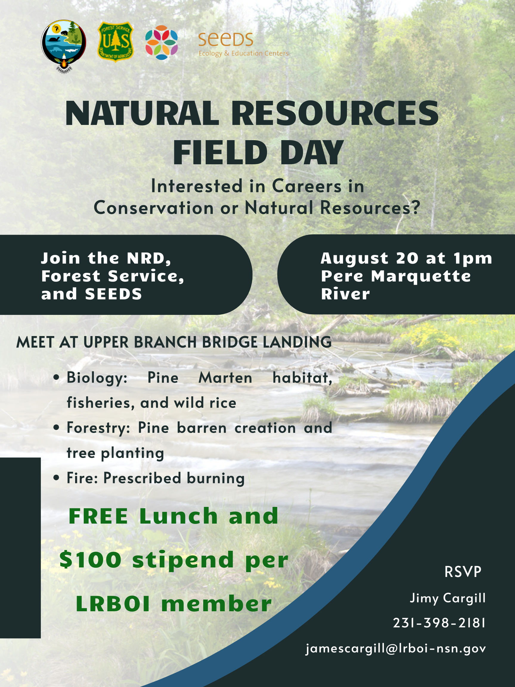 Natural resources field day flyer for educational event on August 20th at the Pere Marquette River boat launch