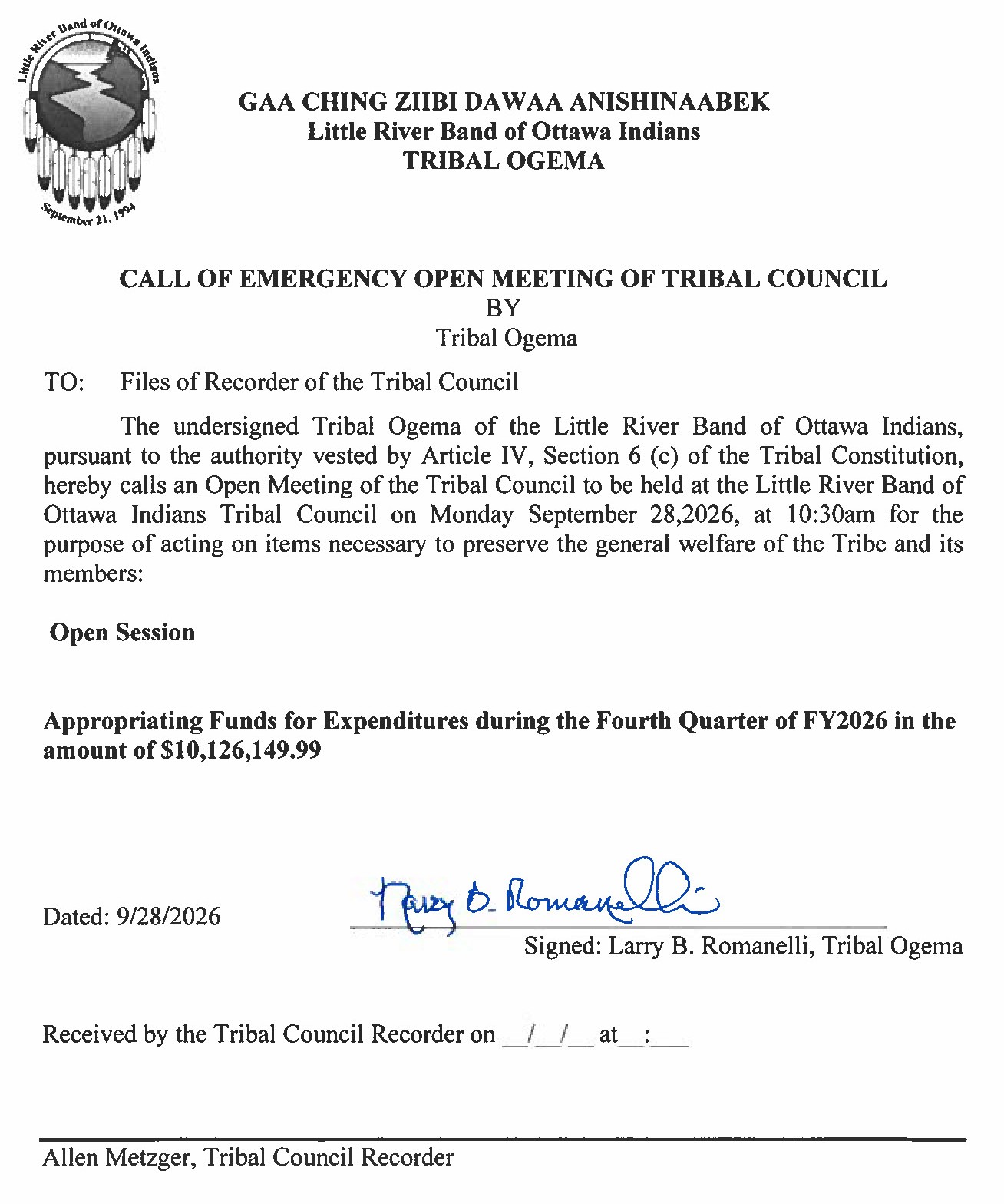 Call of Emergency Meeting of Tribal C