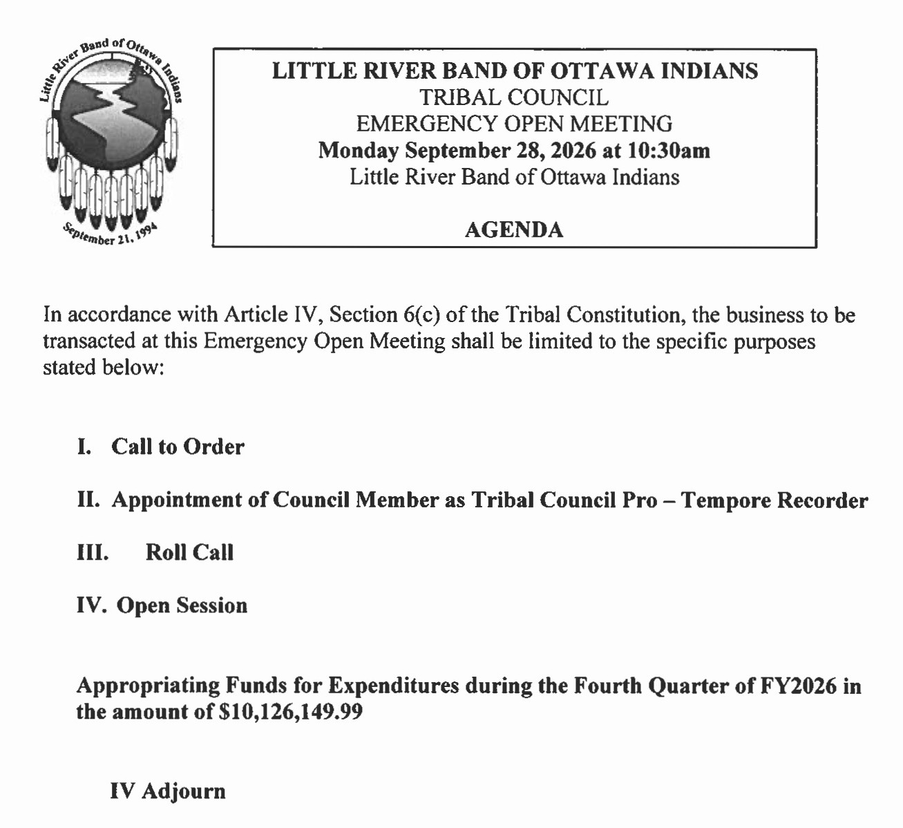 09.28.26 Call of Emergency Meeting of Tribal Council by the Tribal Ogema