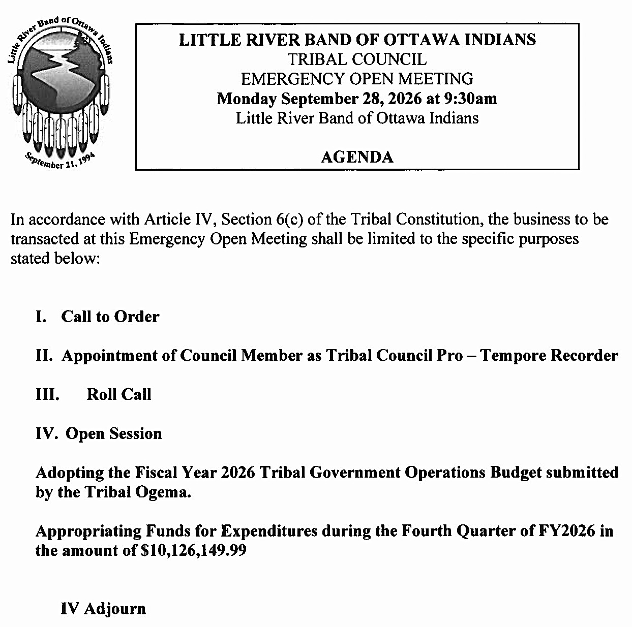 Call of Emergency Meeting of Council 09.28.26