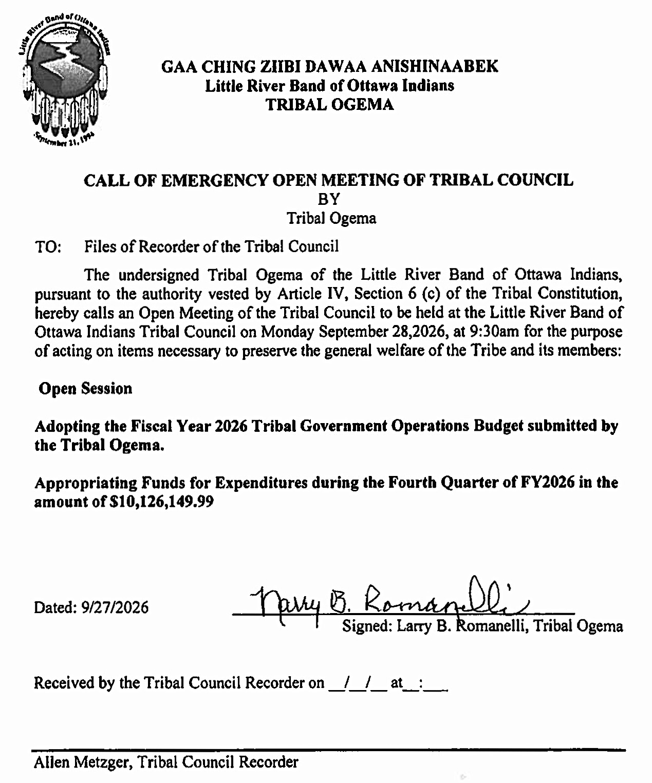 09.28.26 Call of Emergency Meeting