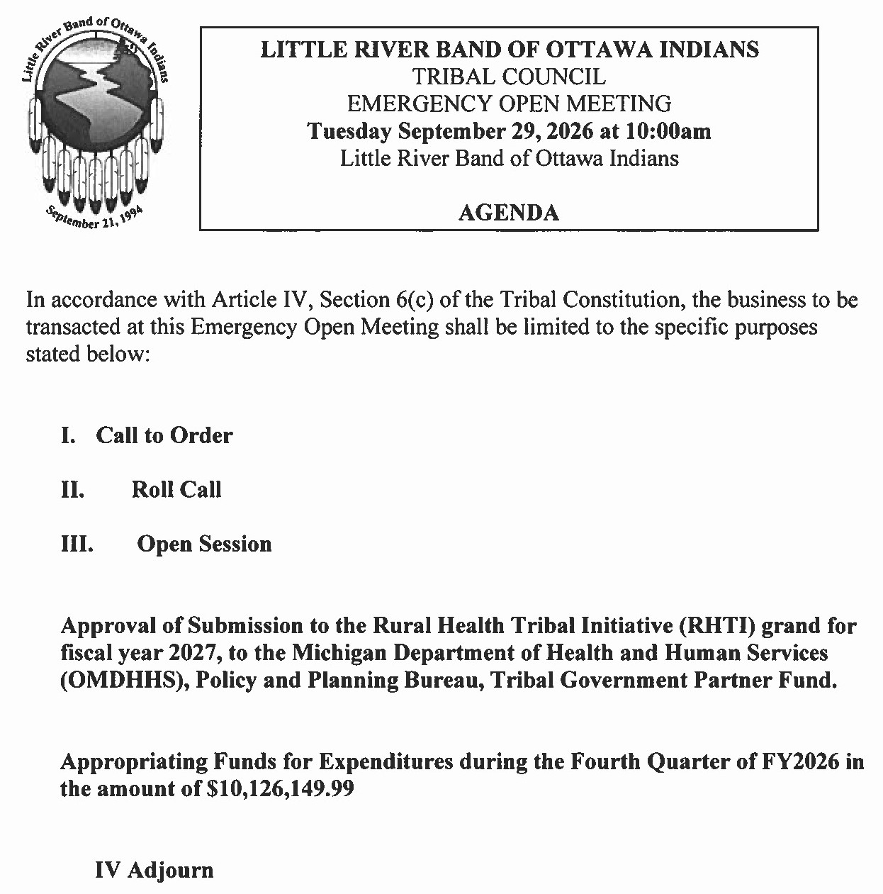 09.29.26 Emergency Call of Tribal Council Meeting by the Tribal Ogema
