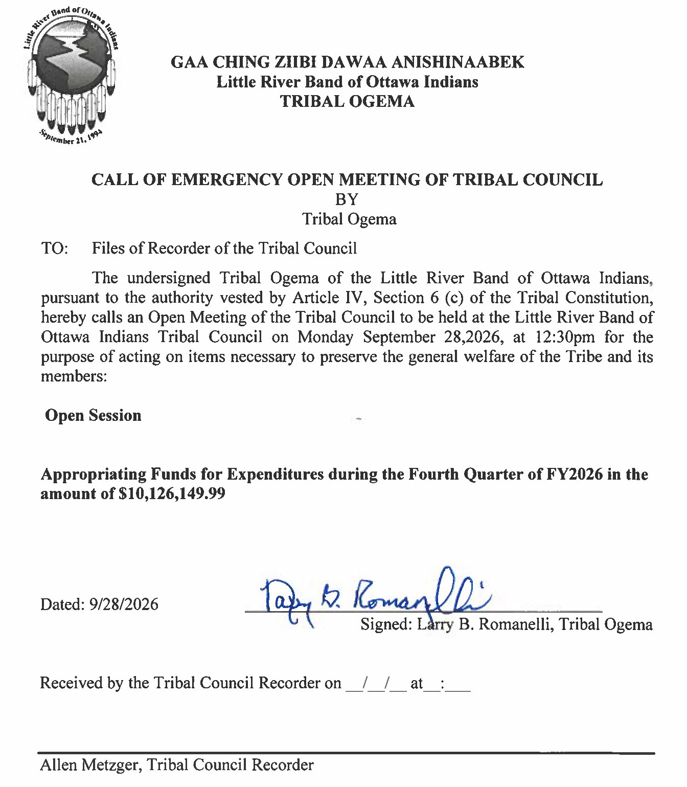 Call of Emergency Meeting of Council by the Tribal O