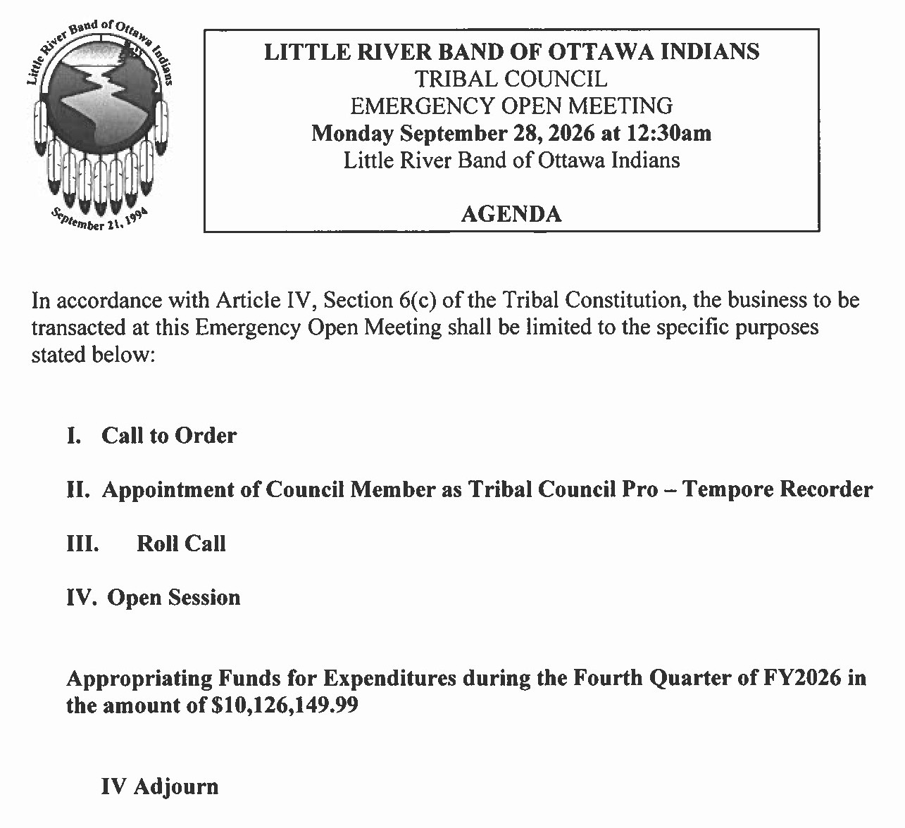Call of Emergency of Tribal Council by the Tribal Ogema