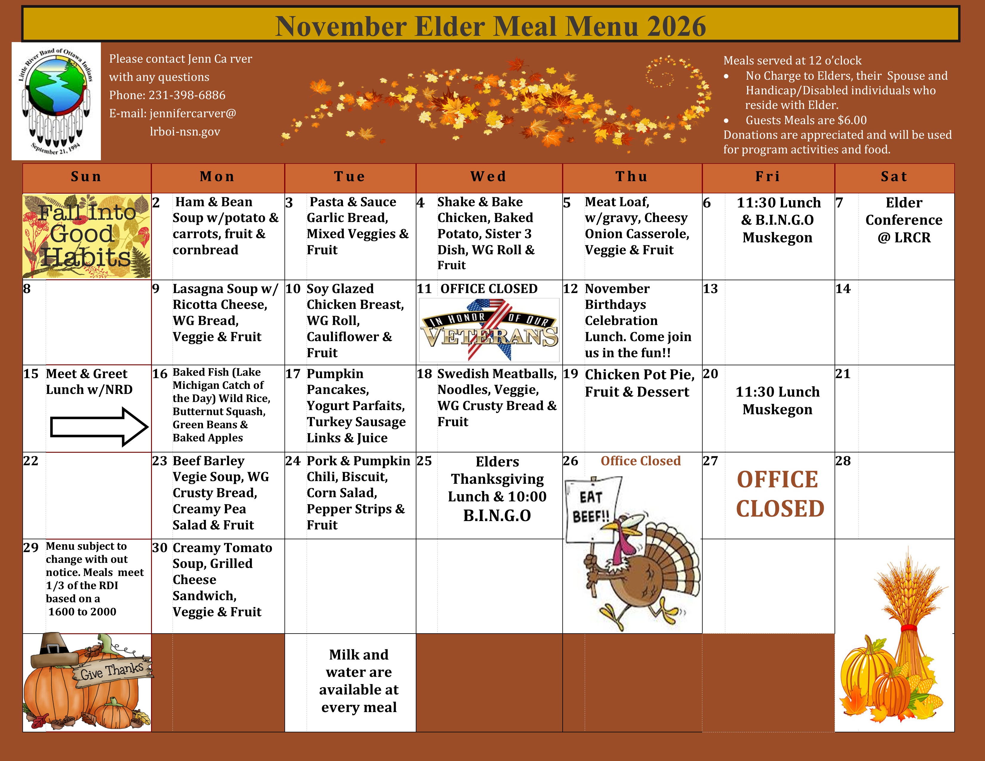 November Elders Meal Menu