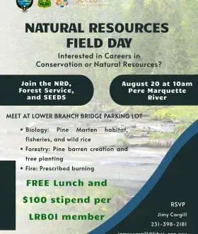 Flyer for the Natural Resources Field Day august 20th at Lower Branch Bridge landing on the Pere Marquette River
